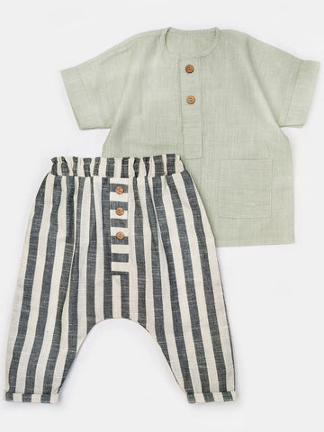Green Stripe Cotton Pants & Top Combo for Boys – 100% Cotton, Sustainable & Comfortable