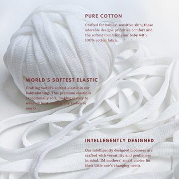  cotton fabric and elastic material used in baby clothing by CottonChloe. The text highlights the use of 100% pure cotton for comfort, the world's softest elastic for gentle wear, and intelligently designed baby outfits for versatility and convenience.