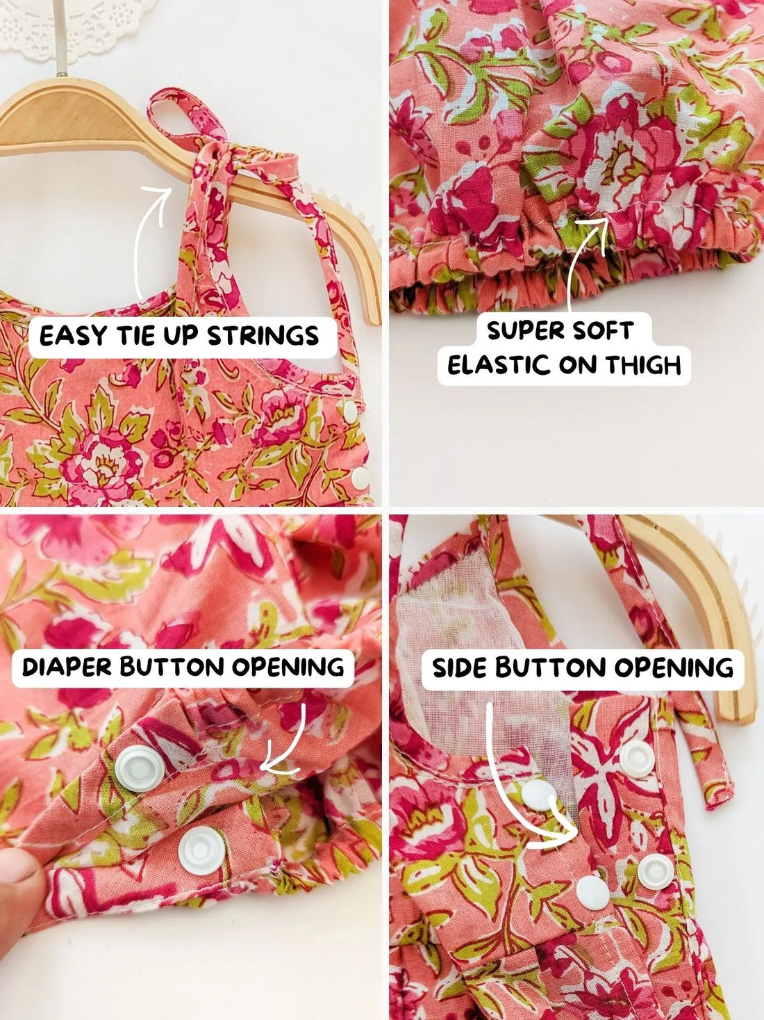 Baby Girl Romper – Peach Pure Cotton Floral Easy to Wear