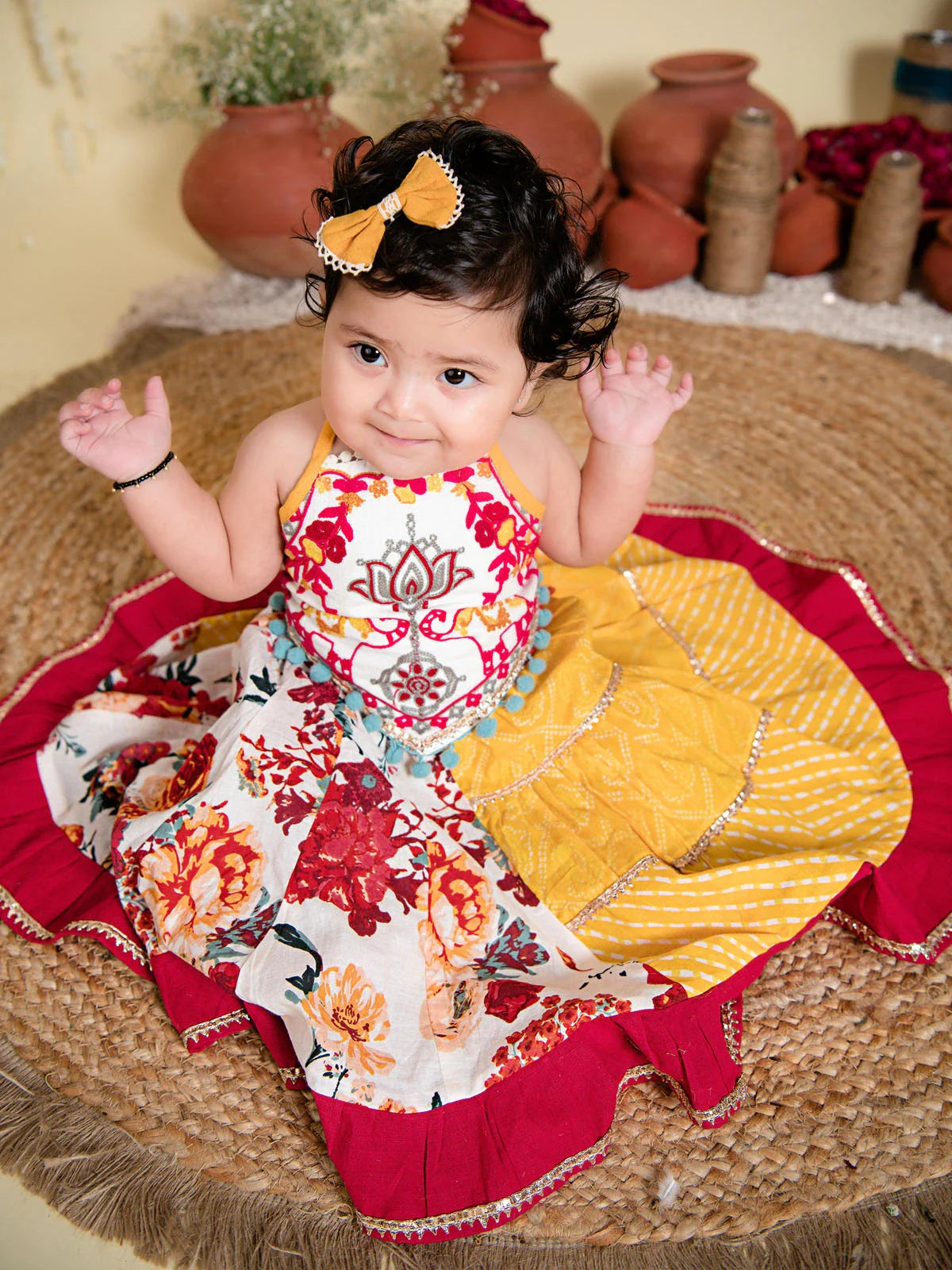 Red Floral & Yellow Cotton Halter Neck Top & Skirt Set for Girls (0-5 YRS) – Perfect for Any Occasion 100% Cotton, Festive, Comfortable