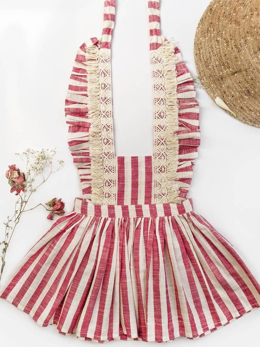 Handmade Cotton Pink Stripes Frilled Dress with Crochet Lace – Adjustable & Breathable | Baby & Girls