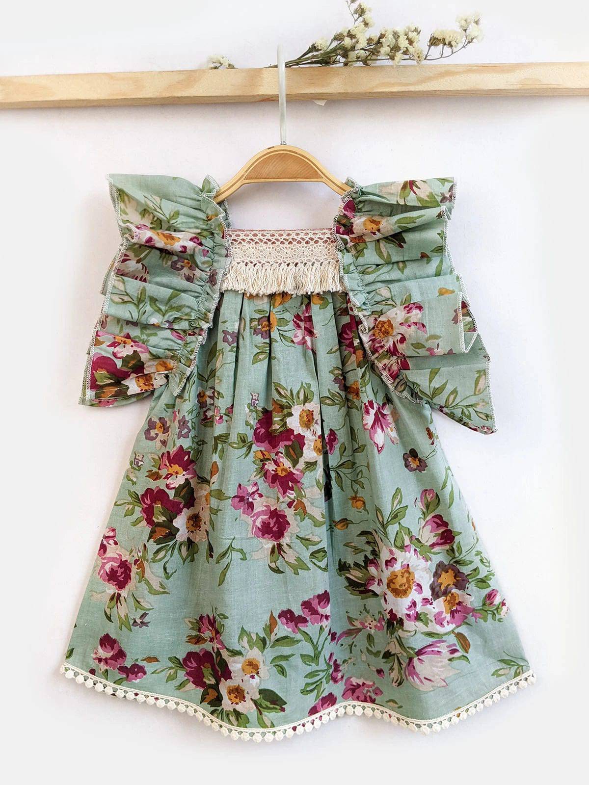 Handmade Elegant Green Floral Victoria Pleated Frilly Teal Baby and Girls Dress