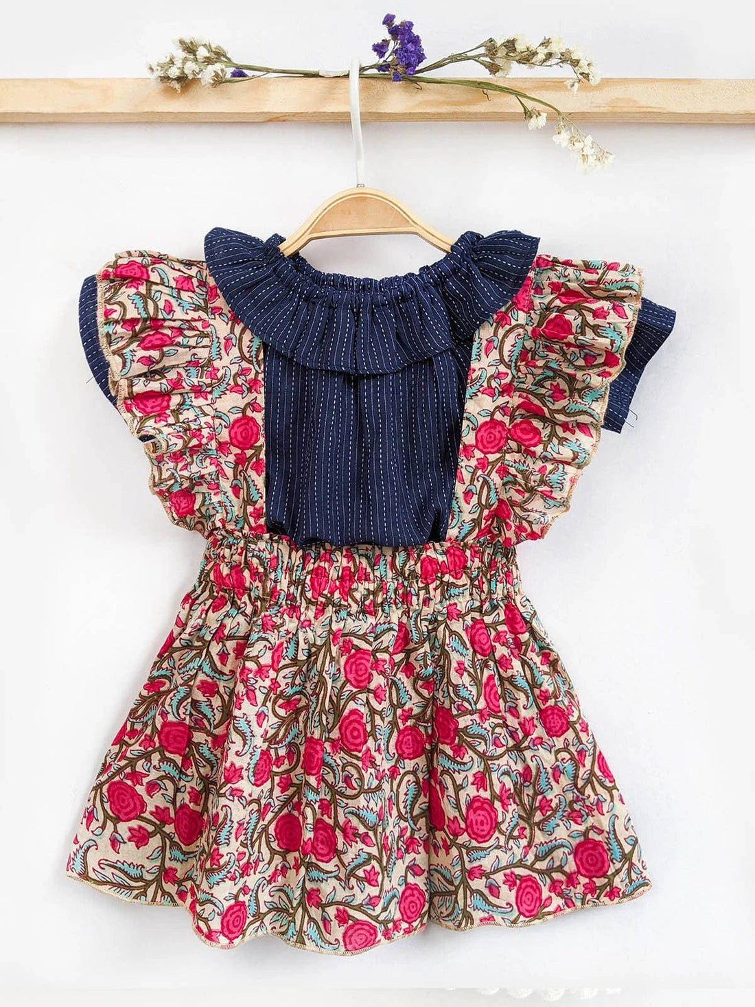 Handmade Cotton Pink Floral Suspender Frilled Mini Dress for Babies & Girls – Timeless Style | 100% Cotton
