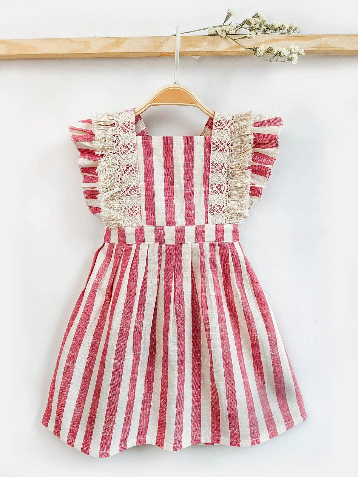 Handmade Cotton Pink Stripes Frilled Dress with Crochet Lace – Adjustable & Breathable | Baby & Girls