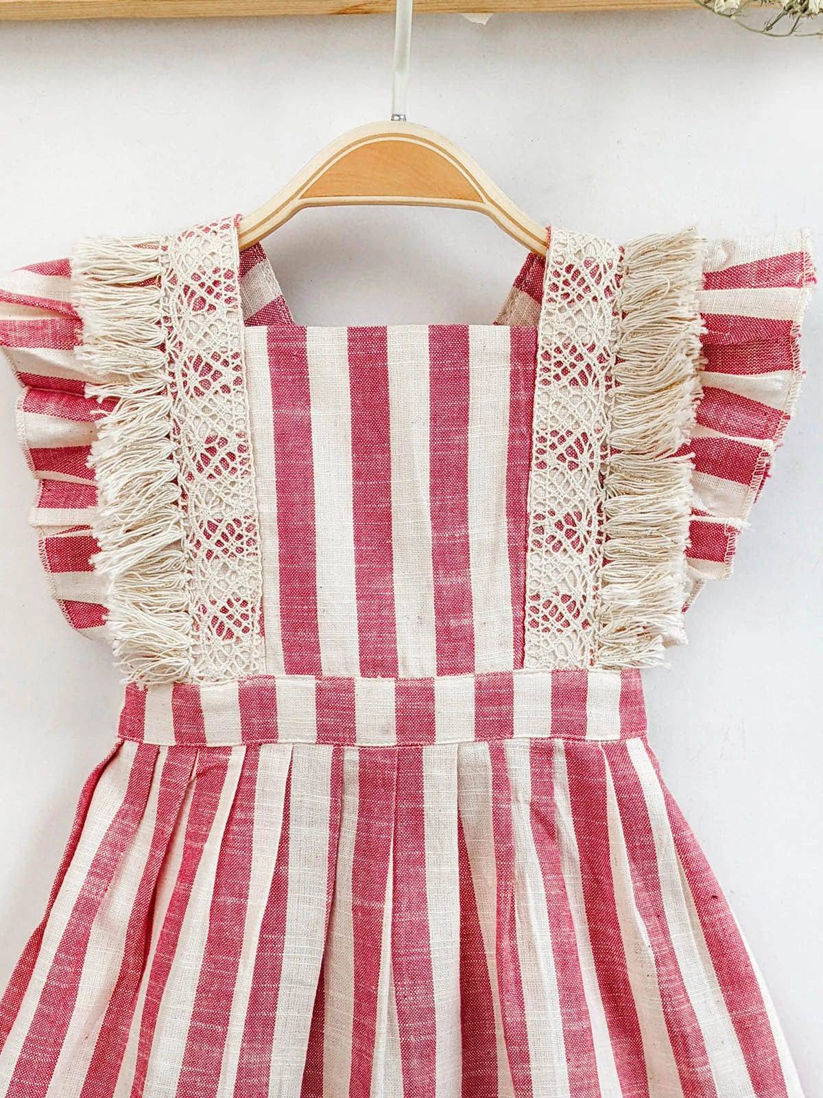 Handmade Cotton Pink Stripes Frilled Dress with Crochet Lace – Adjustable & Breathable | Baby & Girls