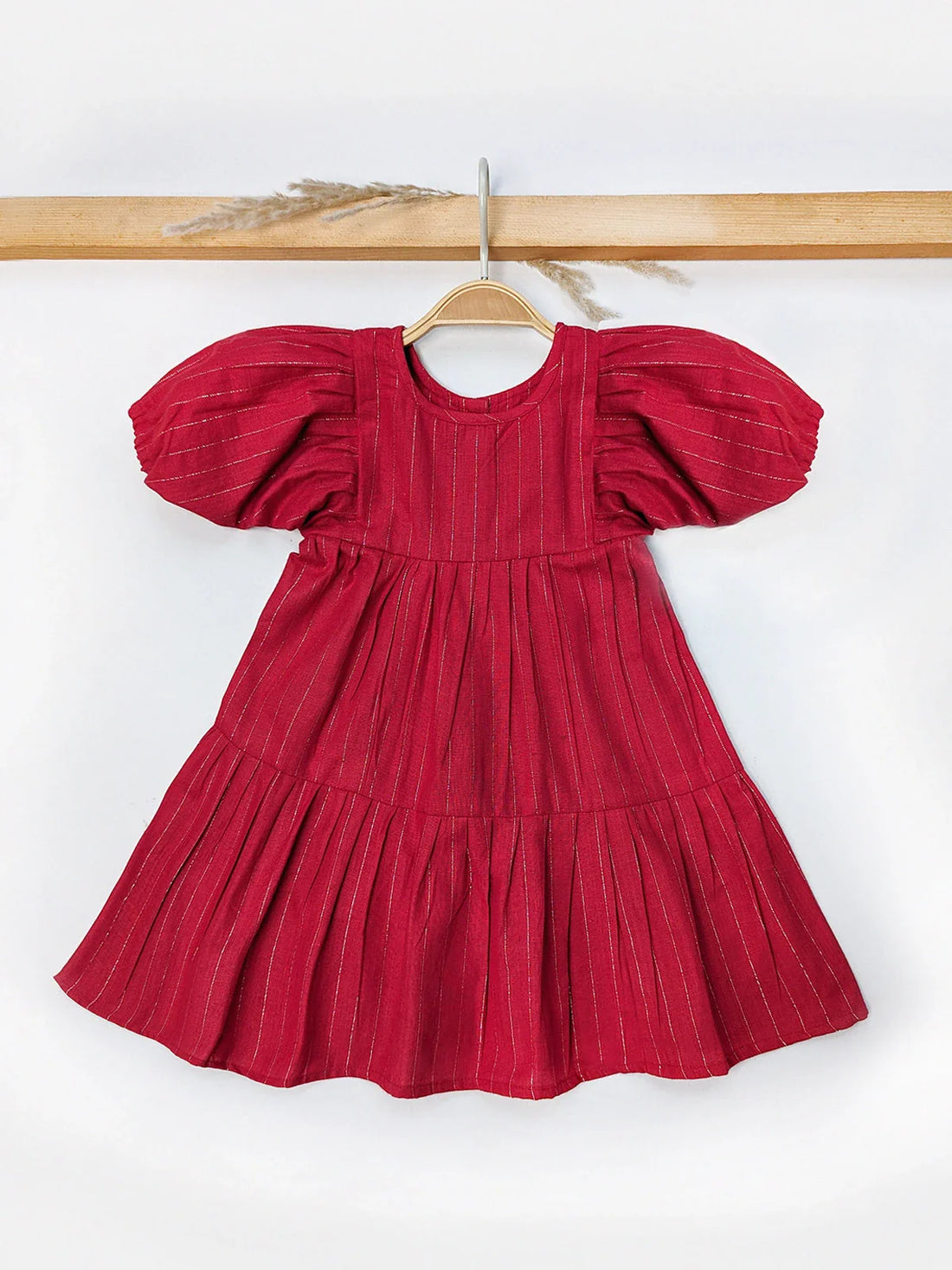 Handmade Cotton Red Zari Striped Pleated Party Dress for Babies & Girls | Premium Quality & Traditional Charm