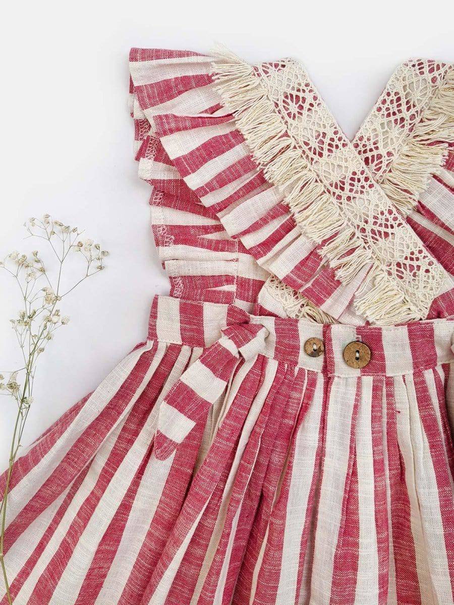 Handmade Cotton Pink Stripes Frilled Dress with Crochet Lace – Adjustable & Breathable | Baby & Girls