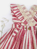 Handmade Cotton Pink Stripes Frilled Dress with Crochet Lace – Adjustable & Breathable | Baby & Girls
