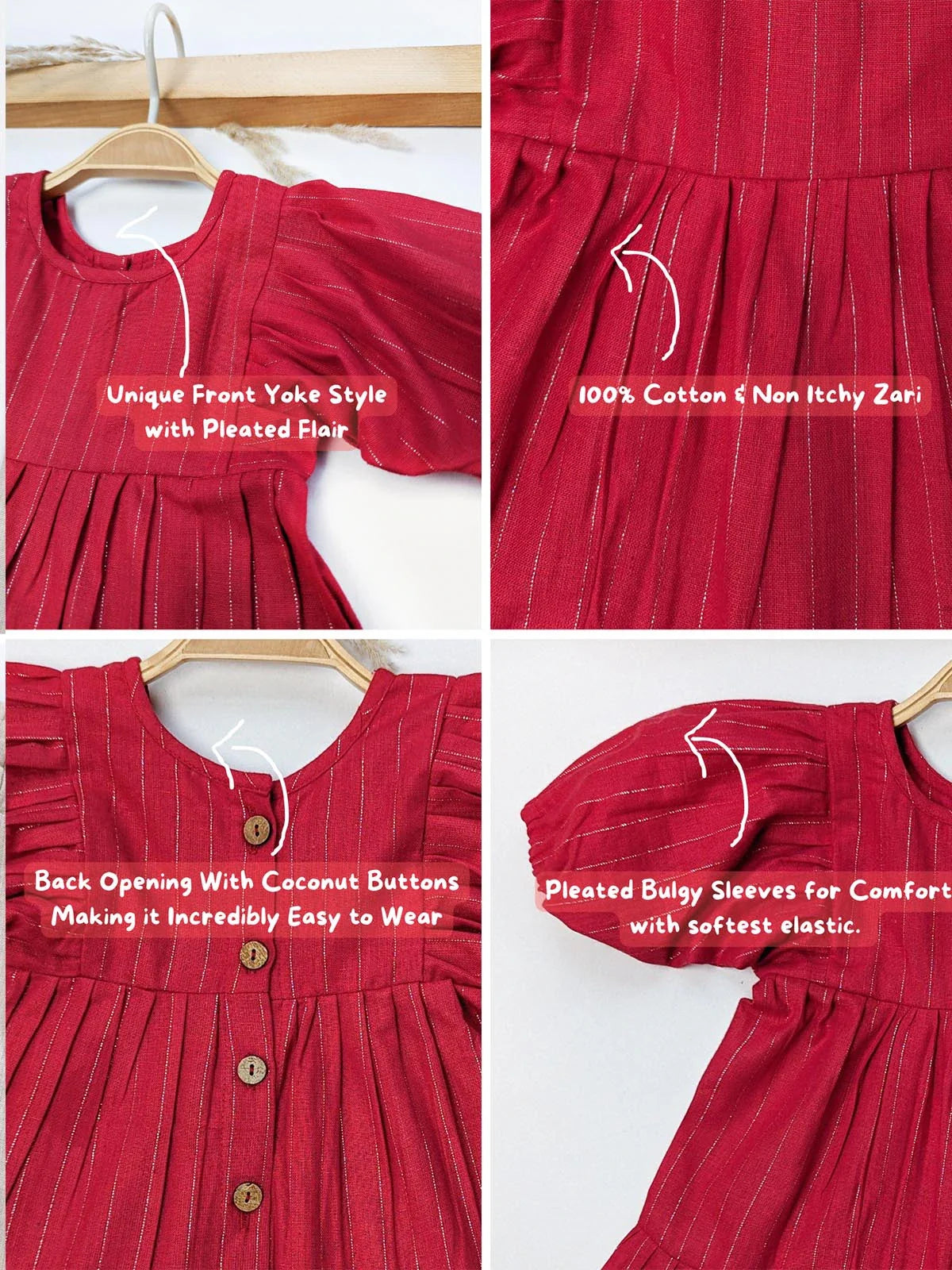 Handmade Red Zari Cotton Party Dress for Babies & Girls – Premium Elegance