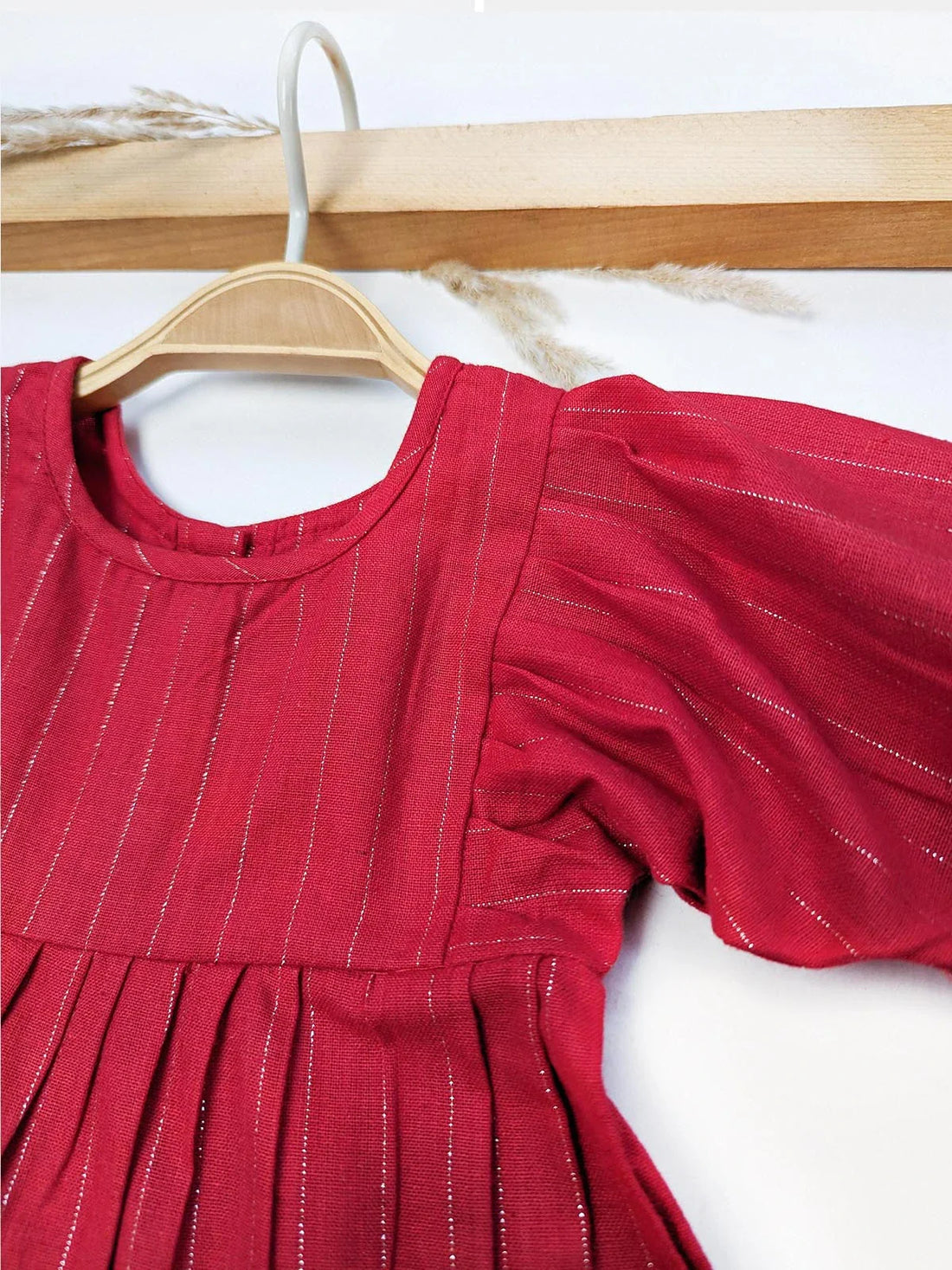 Handmade Cotton Red Zari Striped Pleated Party Dress for Babies & Girls | Premium Quality & Traditional Charm