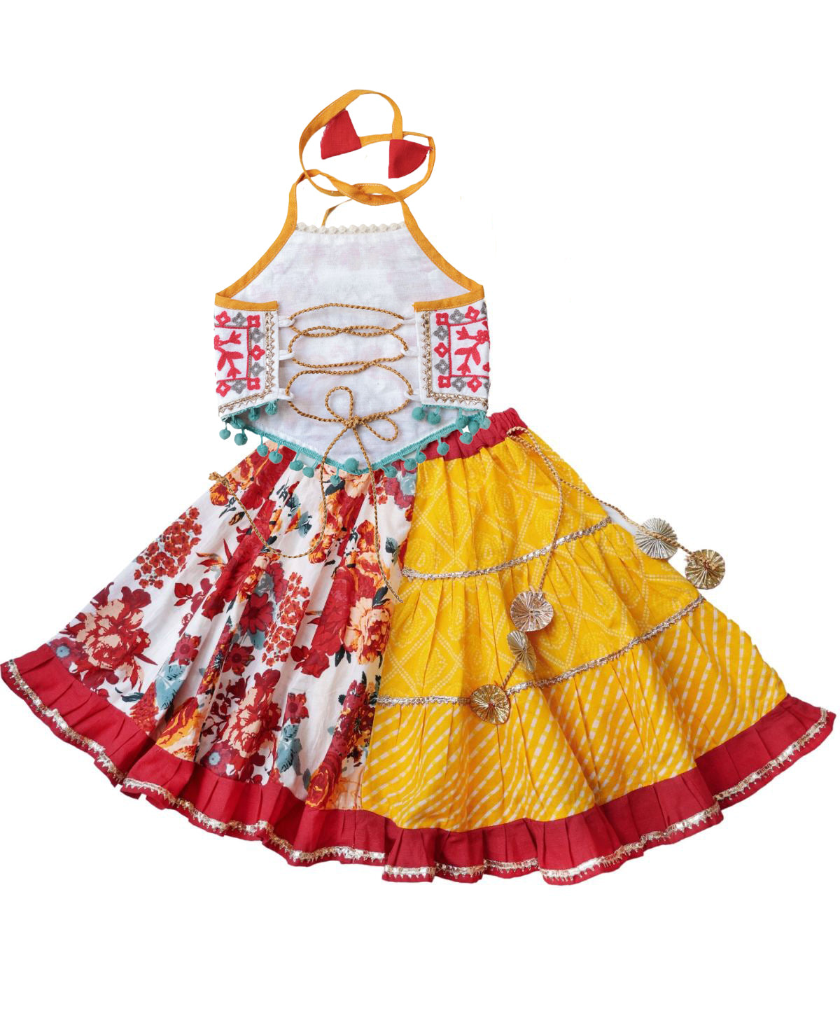 Red Floral & Yellow Cotton Halter Neck Top & Skirt Set for Girls (0-5 YRS) – Perfect for Any Occasion 100% Cotton, Festive, Comfortable