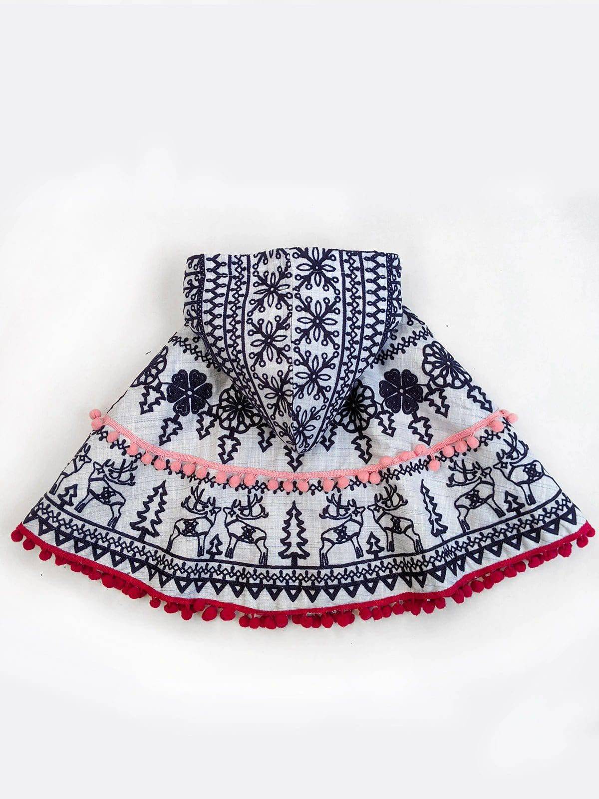 Blue Embroidered Hoodie Party Poncho Top For Baby Girls - Halemons