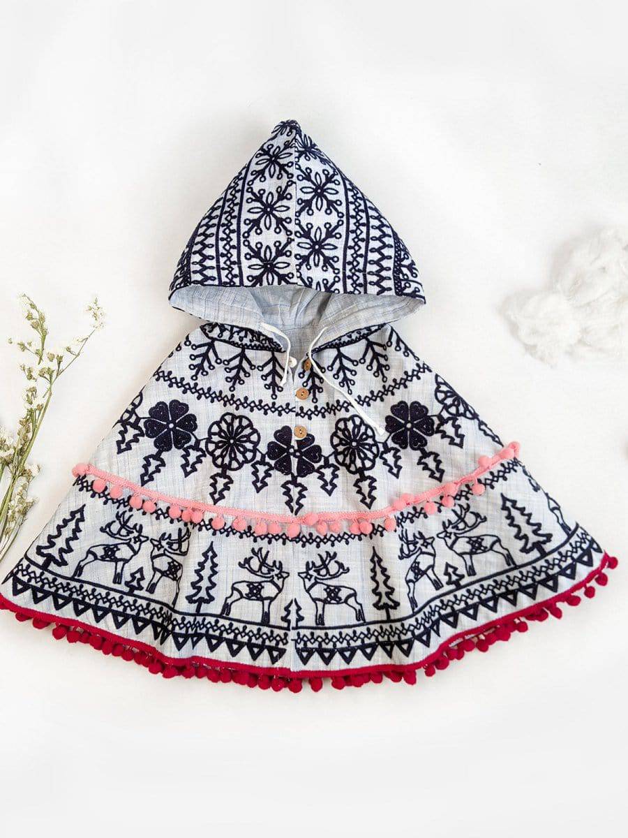 Blue Embroidered Hoodie Party Poncho Top For Baby Girls - Halemons