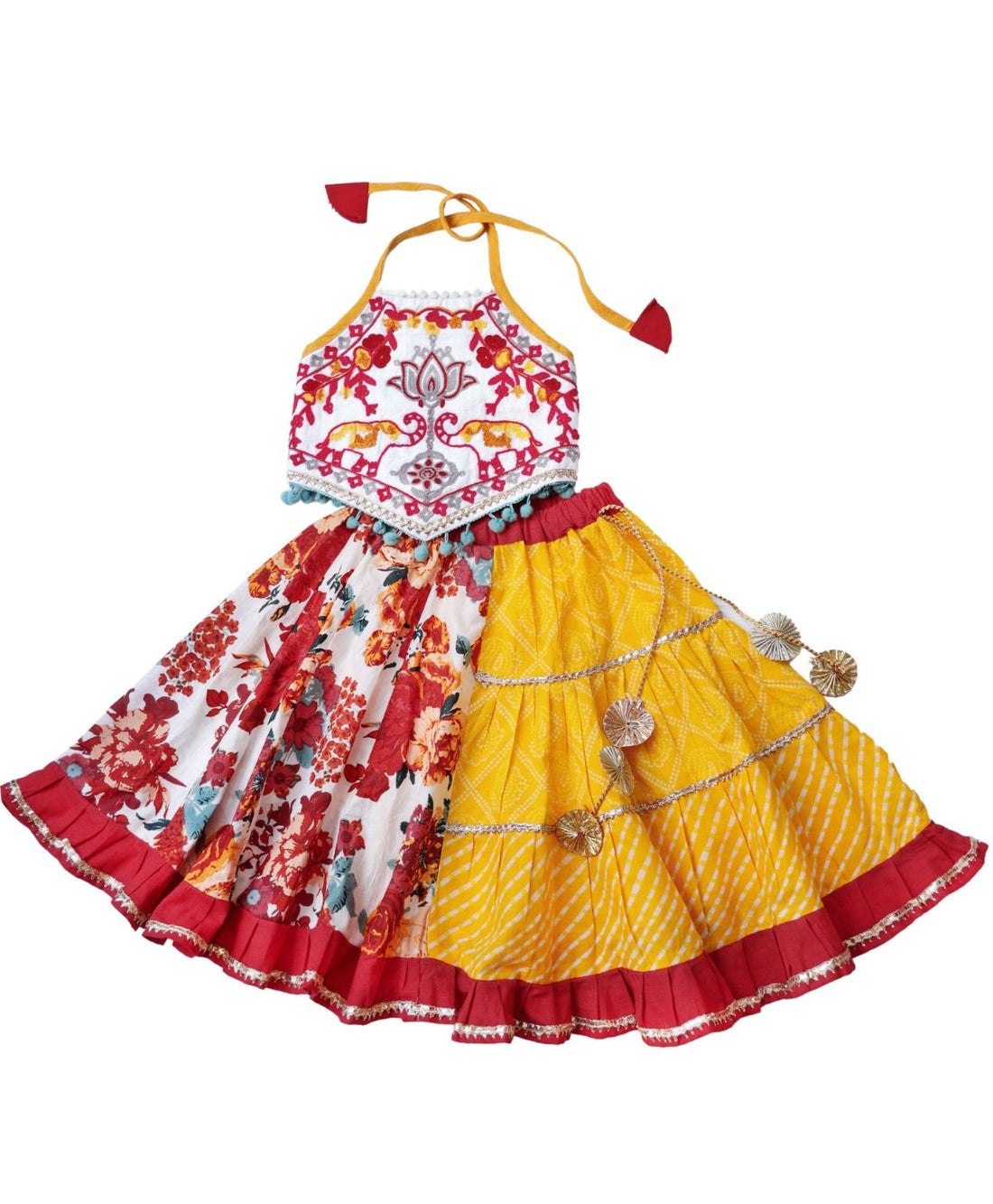 Red Floral & Yellow Cotton Halter Neck Top & Skirt Set for Girls (0-5 YRS) – Perfect for Any Occasion 100% Cotton, Festive, Comfortable