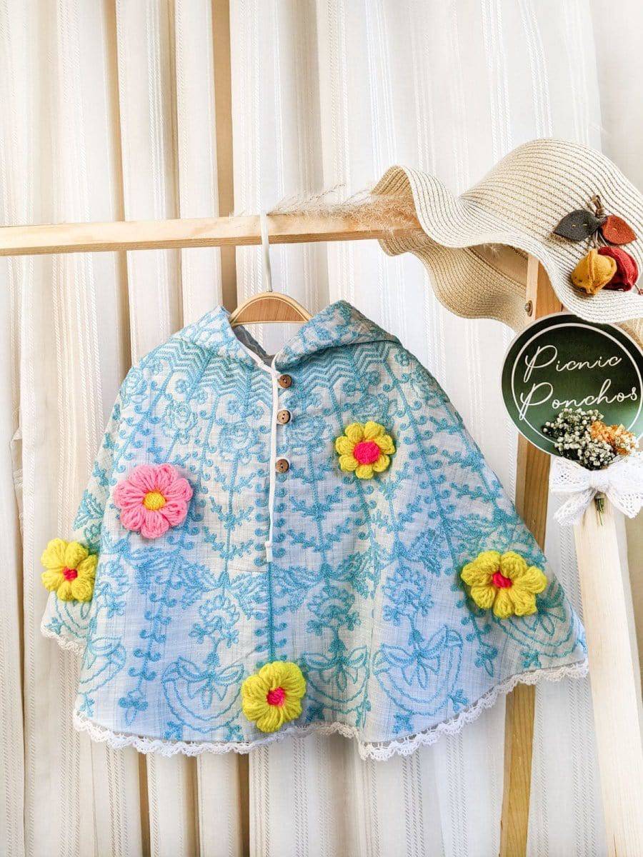 Shop Girls Picnic Hooded Poncho Top -Stylish Handmade Sky Spring Woollen Flower Embroidered  – Soft, Year-Round Layer